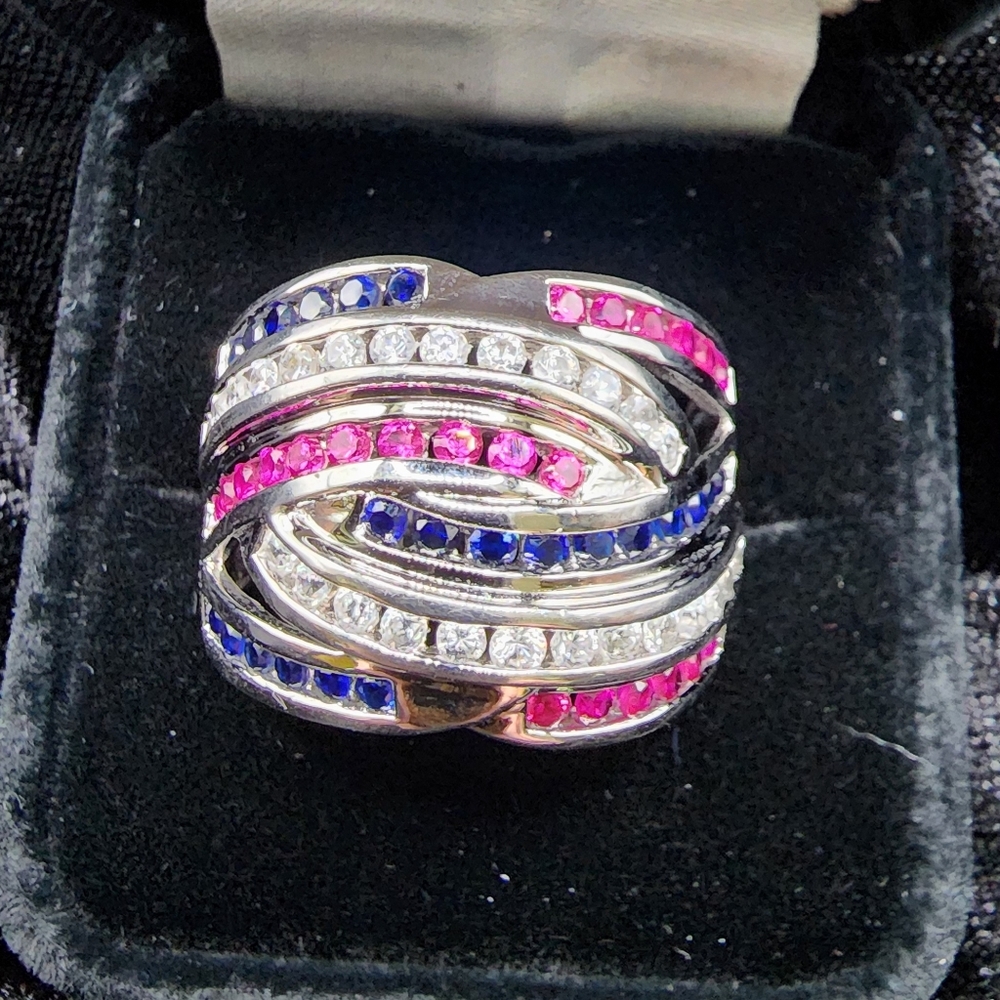 925 Sterling Silver Red, White & Blue Ring size 10